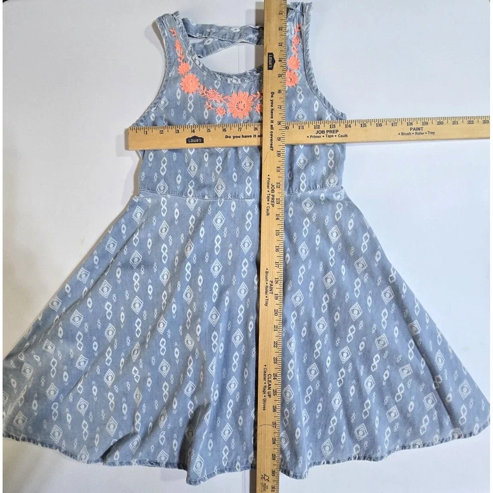 Justice Sleeveless Dress‎ Kids 12 Blue Geometric Boho Floral Embroidered Core
